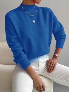 SHEIN Essnce Mock Neck Drop Shoulder Sweater | SHEIN USA Blue Long Sleeves Outfit, Royal Blue Sweater Outfit, Women Blue Outfit, Basic Shirt Outfit, Blue Pullover Outfit, Winter Pullover Outfits, Layered Winter Outfits, Blue Sweater Outfit, Outfit Capsule