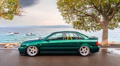 a green car parked on the side of a road next to a tree and water