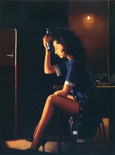 a woman sitting in a chair holding a bottle and looking into the distance with her legs crossed