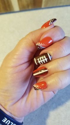 Cleveland Browns Nail Art, Cleveland Browns Nails Design, Cleveland Browns Nails, Chief Nails, Football Nails Design, Bulldog Nails, Sept Nails, Football Nail Designs