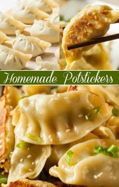 some dumplings are being held up by chopsticks and placed on top of each other