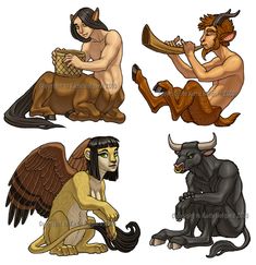 four different types of animals and people