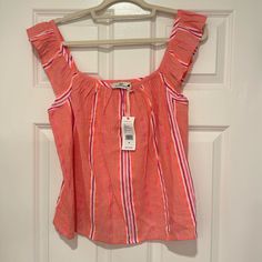 Brand New With Tags! Size Medium Summer Striped Tops With Ruffles, Feminine Striped Summer Tops, Feminine Striped Tops For Summer, Pink Ruffled Tops For Day Out, Ruffle Top, Orange Pink, Vineyard Vines, Papaya, Pink Orange