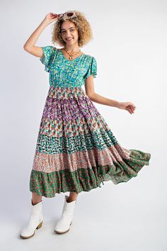 Bohemian Midi Dress With Elastic Waist, Bohemian Multicolor Ditsy Floral Print Midi Dress, Bohemian Multicolor Midi Dress With Ditsy Floral Print, Modest Tiered Midi Dress With Floral Print, Green Bohemian Tiered Midi Dress, Green Tiered Bohemian Midi Dress, Multicolor Ditsy Floral Midi Dress, Modest Midi Dress, Modest Boutique