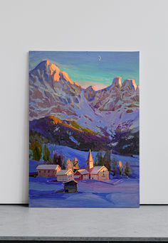 a painting of mountains and houses in the snow