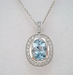 14K White Gold Oval Aquamarine & Diamonds Pendant by JewelryByGaro, $1400.00 Exquisite Oval Diamond Necklace Hallmarked, Exquisite Oval Diamond Cut Necklace, Exquisite Oval Diamond Cut Necklaces, Formal Blue Oval Diamond Necklace, Exquisite Oval Diamond Necklace With Accents, Exquisite Oval Diamond Necklace, Oval Platinum Necklace With Diamond Accents, Classic Oval Diamond Necklace With 17 Jewels, Anniversary Oval Link Necklace With Diamond Accents