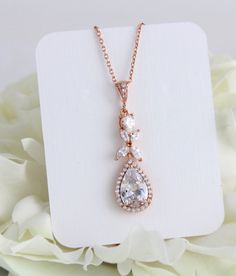 Rose gold necklace Bridal necklace Wedding jewelry Crystal Gold Dangle Drop Necklace For Wedding, Gold Drop Bridal Necklace For Wedding, Gold Teardrop Pendant Necklace For Wedding, Gold Teardrop Pendant Drop Necklace For Wedding, Rose Gold Drop Necklace For Wedding, Delicate Pear-shaped Necklace For Wedding, Gold Drop Bridal Necklace For Anniversary, Gold Bridal Necklace With Teardrop Pendant, Gold Pear-shaped Drop Necklace For Wedding