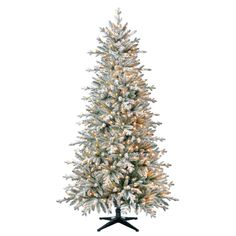 a white christmas tree with snow on the top and lights in the bottom, against a white background