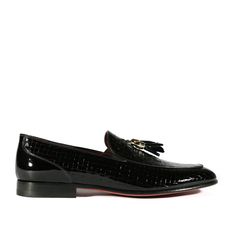 Valentino 19673 Men's Shoes Black Woven Patent Leather Tassels Loafers (VAL1005)-AmbrogioShoes Mens Shoes Black, Leather Hardware, Mens Black Leather, Tassel Loafers, Leather Tassel, Handmade Shoes, Black Patent Leather, Gold Details, Shoes Black