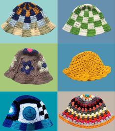 crocheted hats are shown in four different colors