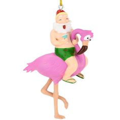 a pink flamingo ornament with a man sitting on it's back