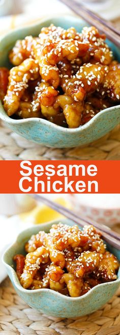 sesame chicken in a blue bowl with chopsticks