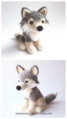 crocheted stuffed animals are shown in two different pictures, one is grey and the other is white