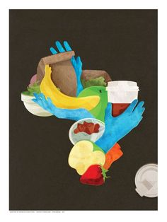 a painting of food on a plate with two hands reaching out to grab something from the bowl