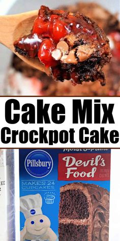 cake mix crockpot cake recipe with chocolate and cherries in the middle, on a wooden spoon