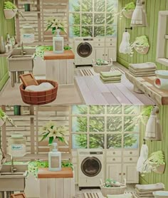 this is a collage of pictures of a kitchen and laundry room with green walls