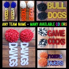 several different types of name and pom - poms on wooden floor with text