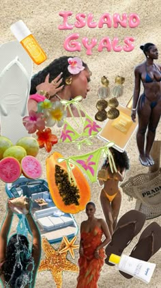 a collage of various images including women in bikinis, sandals and other items