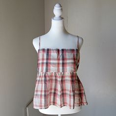 Lucky Brand Plaid Babydoll Tank Top -Spaghetti Strap -Adjustable Straps -Size Xl -Square Neck -New With Tags -Rust Plaid #0009 Cute Summer Tops With Tank Straps, Cute Cami Tank Top With Adjustable Straps, Summer Plaid Tank Top, Sleeveless Plaid Tank Top For Summer, Cute Summer Tops With Adjustable Straps, Sleeveless Plaid Top For Summer, Cute Tops With Adjustable Straps For Summer, Daywear Camisole Top With Straps, Cotton Spaghetti Strap Vest Top