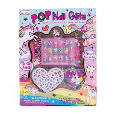 a pink toy with unicorns and hearts on it