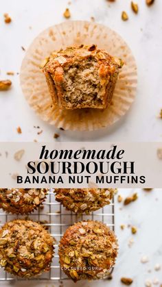 homemade sourdough banana nut muffins on a cooling rack with the words, homemade sourdough banana nut muffins