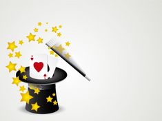 a magician's hat with playing cards in it and stars coming out of the top