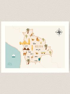 an illustrated map of the island of rovinia, with palm trees and boats