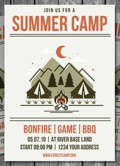 a flyer for a camp with trees and mountains in the background on wooden planks