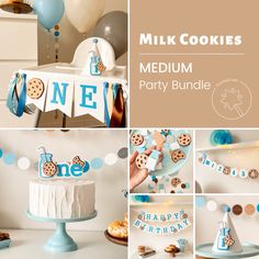 a collage of photos with cookies and decorations for a baby's first birthday