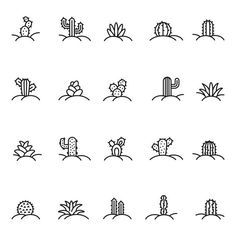 cactus and succulents line icons set, simple outline style on white background