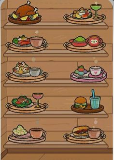 a shelf filled with lots of plates and cups on top of wooden shelves next to each other