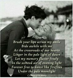 a couple kissing each other in front of a black and white photo with the words,'brush your lips across my smile '