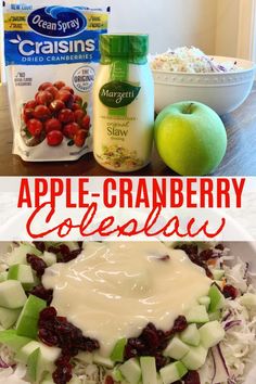 an apple cranberry coleslaw salad is shown in this collage with the ingredients