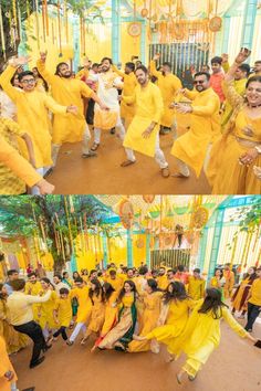 people in yellow outfits dancing and having fun