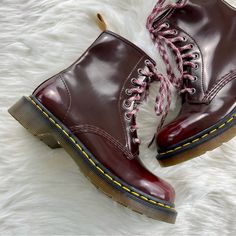 Doc Martens Size 6 In Women’s Cherry Red 8-Eye White Heel Loop With Yellow Stitching (Vegan) Comes W/ Dr. Marten Marl Laces Gently Worn And In Great Condition Dr Martens Cherry Red, Shoes Dr Martens, White Heels, Dr Martens Shoes, Martens Shoes, Doc Martens, Moto Boots, Cherry Red, Dr. Martens