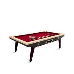 a pool table with a red cloth on the top and two cues in front of it