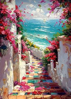 a painting of an alley leading to the ocean with pink flowers on either side and blue water in the background