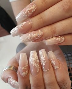 Wedding Nails Fairytale, Royal Wedding Nails, Lace Print Nails, Bridal Coffin Nails, Wedding Elegant Nails, Aesthetic Wedding Nails, Lace Nail Design Wedding, Lace Design On Nails, Nail Ideas For White Dress