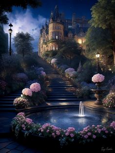 a painting of a castle with stairs and flowers in the foreground, lit up at night