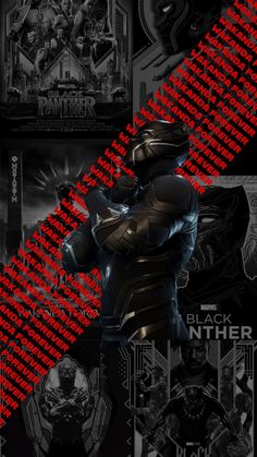 the poster for black panther is shown in red and black with an image of a man holding