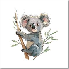 a koala bear sitting on top of a tree branch holding onto a twig