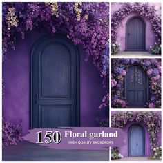 an image of a purple door with flowers growing on it and the words, floral garland high quality backdrops