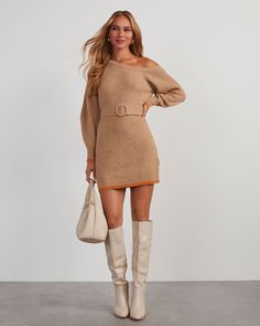 Take your seasonal knit dresses up a notch with the Dennis Mini Dress that features an off-the-shoulder neckline. Crafted from a fitted, ribbed knit fabric and with a cinching belt, this sweater dress looks epic with knee-high boots. Fitted Off the shoulder neckline Belted Ribbed knit fabric with contrast trim No closures or lining 35% Acrylic 35% Nylon 30% Wool Runs Large Brown Suede Dress Outfit, Suede Dress Outfit, Brown Suede Dress, Outfit Dump, Romantic Maxi Dress, Vici Dress, Cashmere Sweater Dress, Thanksgiving Dress, Western Wear Dresses