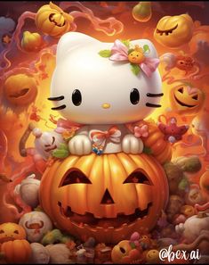 a hello kitty sitting on top of a pumpkin