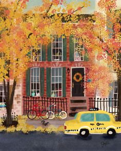 a painting of a yellow taxi cab parked in front of a red brick building with green shutters