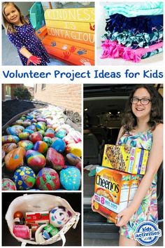 the collage shows pictures of children with painted easter eggs and other things in their hands