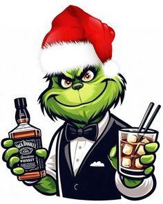 the grinch is holding a drink and wearing a santa hat