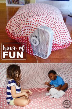 two pictures of children playing with an air conditioner