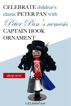 an advertisement for peter pan's captain hook ornament, with the caption shop now