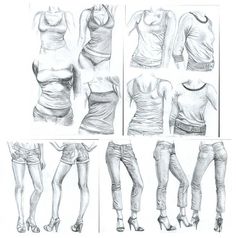 sketches of women's clothing and shoes from the back to the front, in various positions